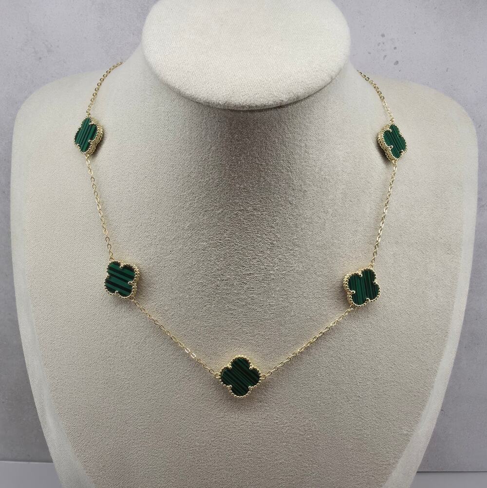 14.2mm Malachite 5-Motif Clover Necklace 14K Gold Plated 925 Silver